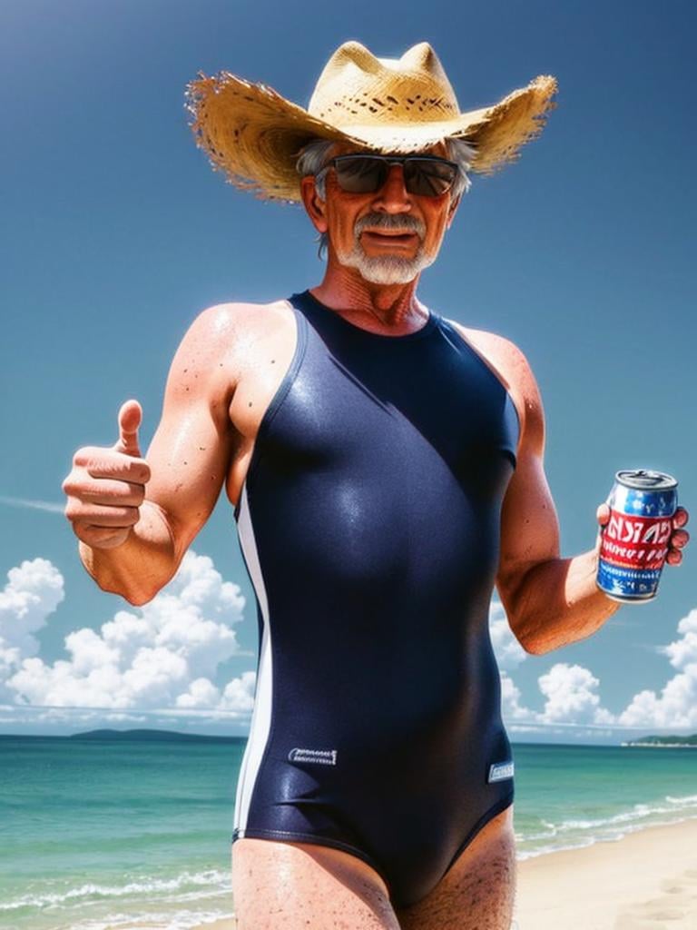 masterpiece, best quality, ultra-detailed, illustration,  KK-1750, blue one-piece swimsuit,beach, (older man), silver hair , short cut, (mascular male:1.5), (sunglasses), cowboy hat, hold beer can, laughing, thumbs up,<lora:KK-1750:0.8>