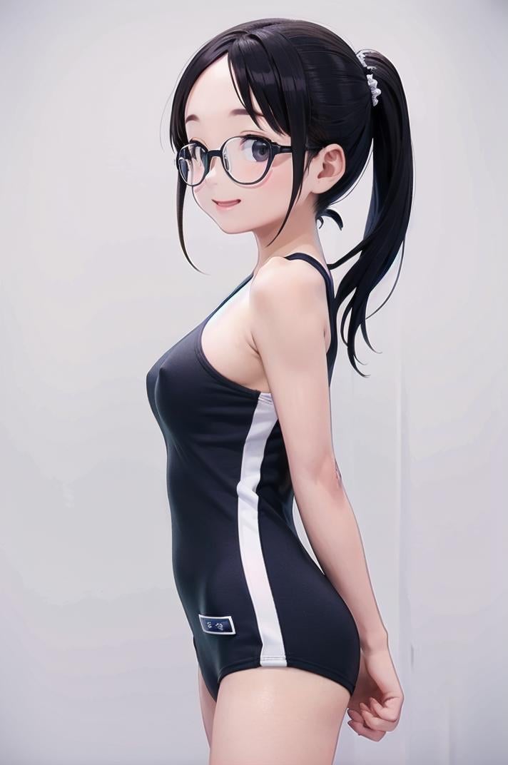 best quality, ultra-detailed, illustration,KK-1750, blue one-piece swimsuit,1girl, solo, glasses, black hair, long hair, ponytail large breasts, smile, laughing, looking at viewer, standing, simple background, grey background,  <lora:sukumizu_KK-1750_SD15_V4:0.8>