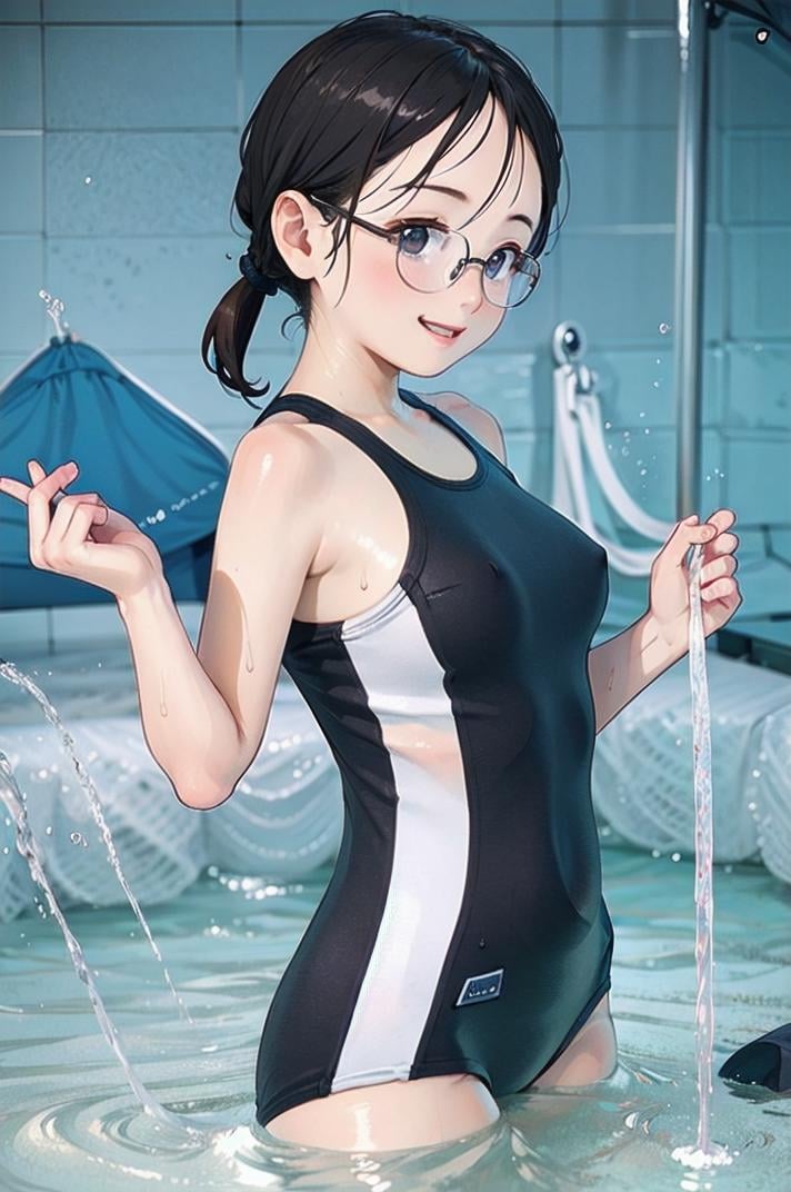 best quality, ultra-detailed, illustration,KK-1750, blue one-piece swimsuit,1girl, solo, glasses, black hair, long hair, ponytail large breasts, smile, laughing, looking at viewer, standing, simple background, grey background, wet, wet hair, showering <lora:sukumizu_KK-1750_SD15_V4:1>