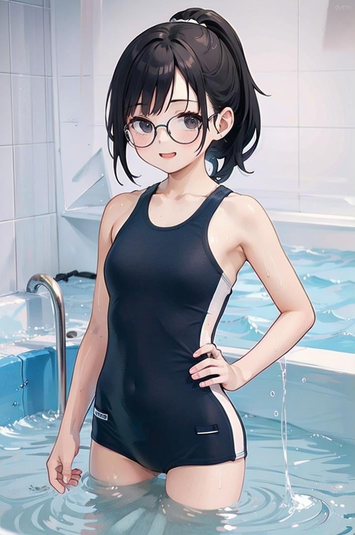 best quality, ultra-detailed, illustration,KK-1750, blue one-piece swimsuit,1girl, solo, glasses, black hair, long hair, ponytail large breasts, smile, laughing, looking at viewer, standing, simple background, grey background, wet, wet hair, showering <lora:sukumizu_KK-1750_SD15_V4:1>