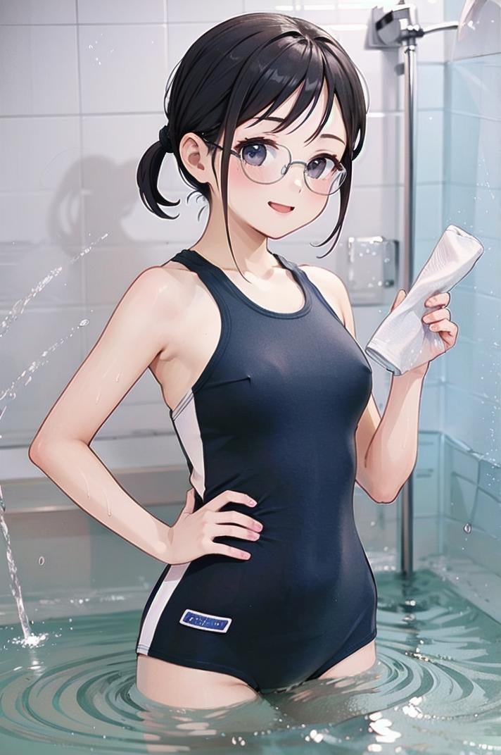 best quality, ultra-detailed, illustration,KK-1750, blue one-piece swimsuit,1girl, solo, glasses, black hair, long hair, ponytail large breasts, smile, laughing, looking at viewer, standing, simple background, grey background, wet, wet hair, showering <lora:sukumizu_KK-1750_SD15_V4:1>