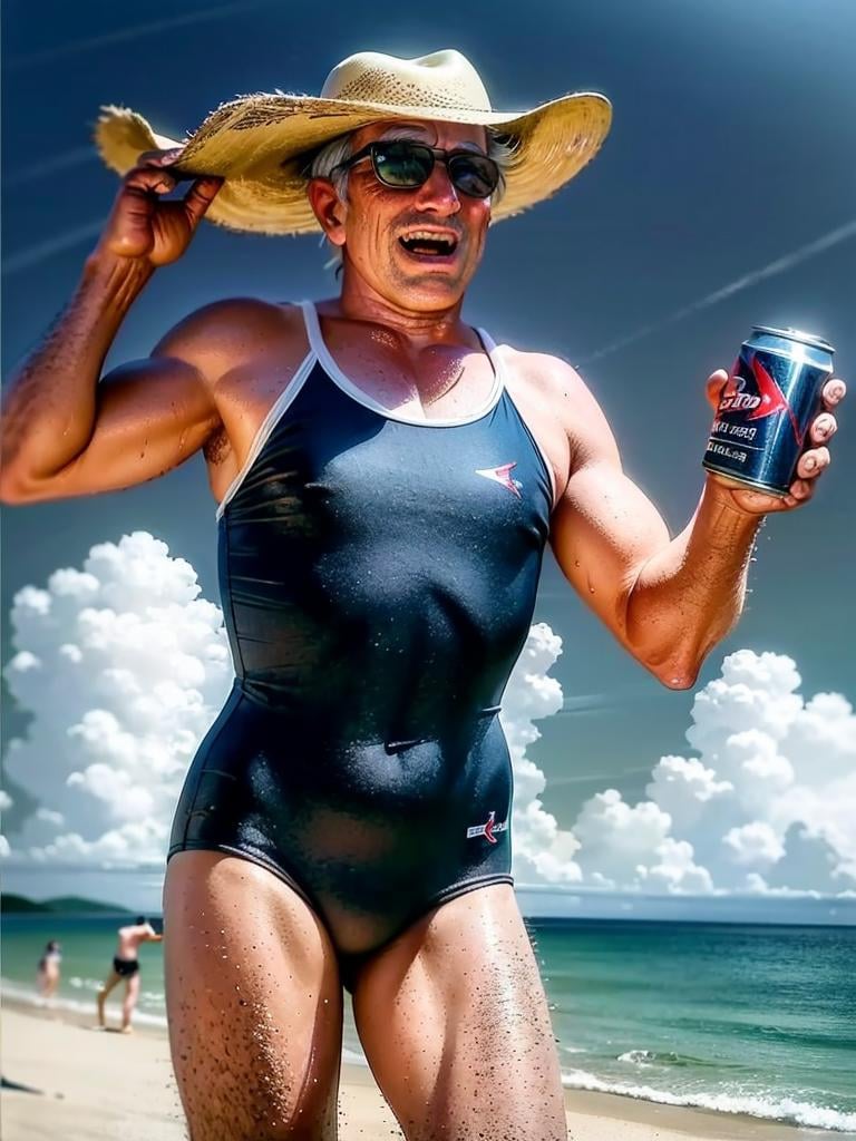 masterpiece, best quality, ultra-detailed, illustration,  T46405, blue one-piece swimsuit,beach, (older man), silver hair , short cut, (mascular male:1.5), (sunglasses), cowboy hat, hold beer can, laughing, <lora:T46405:0.8>