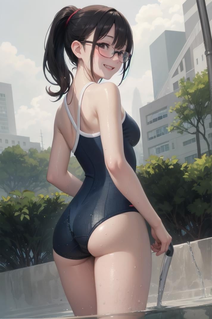 best quality, ultra-detailed, illustration,T46405, blue one-piece swimsuit,1girl, solo, glasses, black hair, long hair, ponytail , medium breasts, smile, laughing, standing,  looking back, back, ass, from behind, wet, wet hair, showering <lora:sukumizu_T46405_SD15_V4:1>