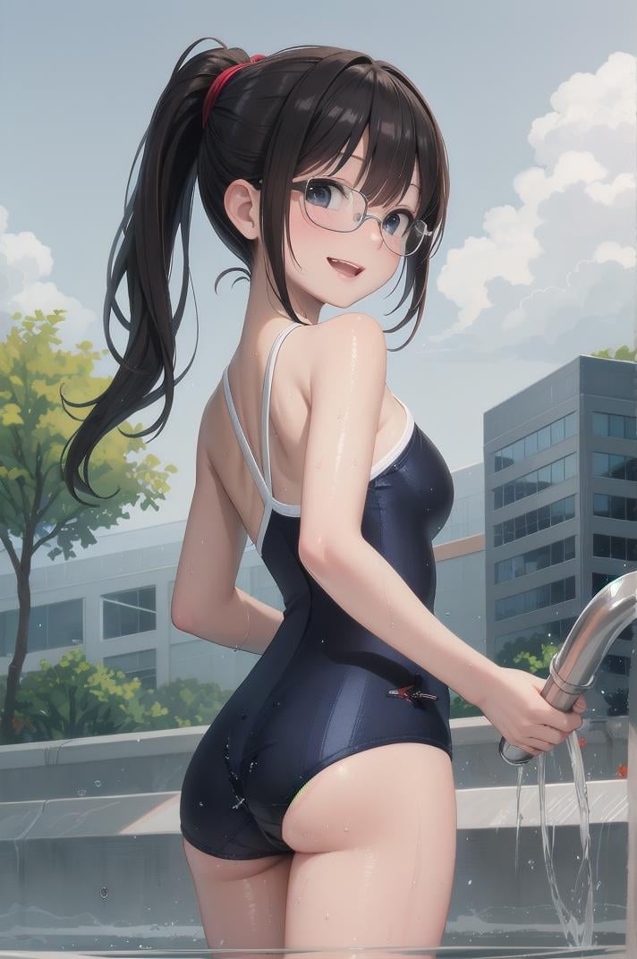 best quality, ultra-detailed, illustration,T46405, blue one-piece swimsuit,1girl, solo, glasses, black hair, long hair, ponytail , medium breasts, smile, laughing, standing,  looking back, back, ass, from behind, wet, wet hair, showering <lora:sukumizu_T46405_SD15_V4:1>