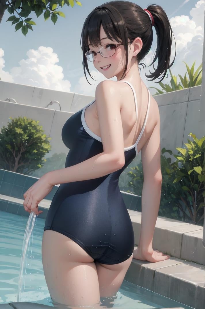 best quality, ultra-detailed, illustration,T46405, blue one-piece swimsuit,1girl, solo, glasses, black hair, long hair, ponytail , medium breasts, smile, laughing, standing,  looking back, back, ass, from behind, wet, wet hair, showering <lora:sukumizu_T46405_SD15_V4:1>