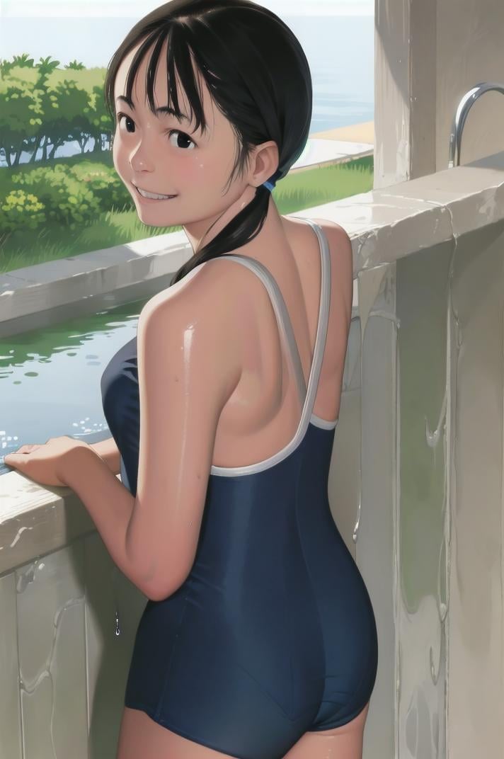 best quality, ultra-detailed, illustration,T46405, blue one-piece swimsuit,1girl, solo, black hair, long hair, ponytail , medium breasts, smile, laughing, standing,  looking back, back, ass, from behind, wet, wet hair, showering <lora:sukumizu_T46405_SD15_V4:1> <lora:comiclo:1>