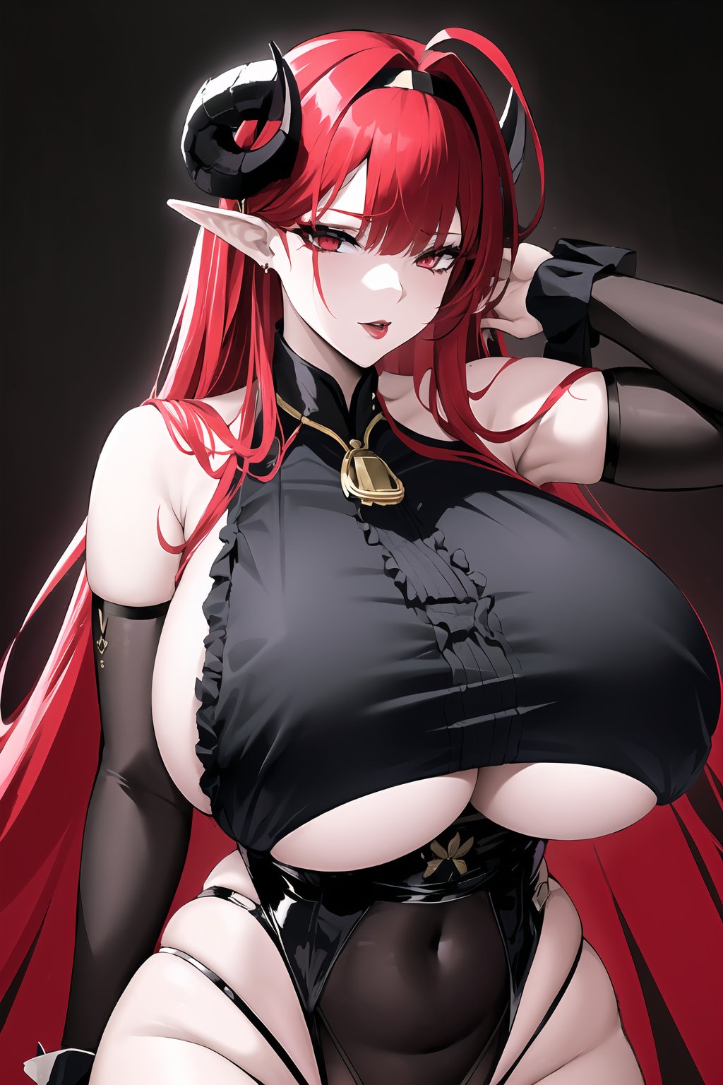 hindenburg \(azur lane\). The key features are red hair, demon girl, demon horns, ahoge, underboob, elbow gloves, pointy ears,hindenburg \(azur lane\),gigantic breast,earrings,gigantic breasts,nail polish,necklace,lipstick,fingernails,lips,mature female,grabbing_own_breast