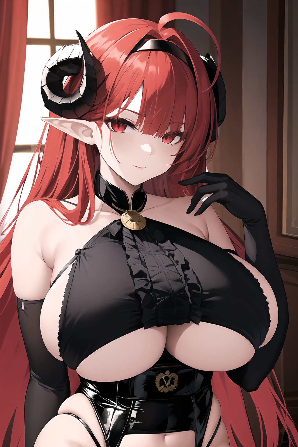 hindenburg \(azur lane\). The key features are red hair, demon girl, demon horns, ahoge, underboob, elbow gloves, pointy ears,hindenburg \(azur lane\),gigantic breast