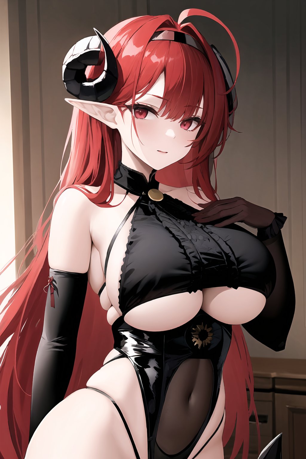 hindenburg \(azur lane\). The key features are red hair, demon girl, demon horns, ahoge, underboob, elbow gloves, pointy ears