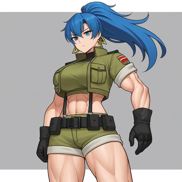 Leona Heidern, ((leona heidern)),  1girl, bangs, blue hair,  ponytail, long hair,  sidelocks, blue eyes,  cropped jacket, earrings,  black gloves, suspenders, green jacket,  green shorts,  triangle earrings,  green tank top,  short sleeves,  crop top,  navel,  military uniform,  camouflage, combat boots, belt, muscular female,  white background, 