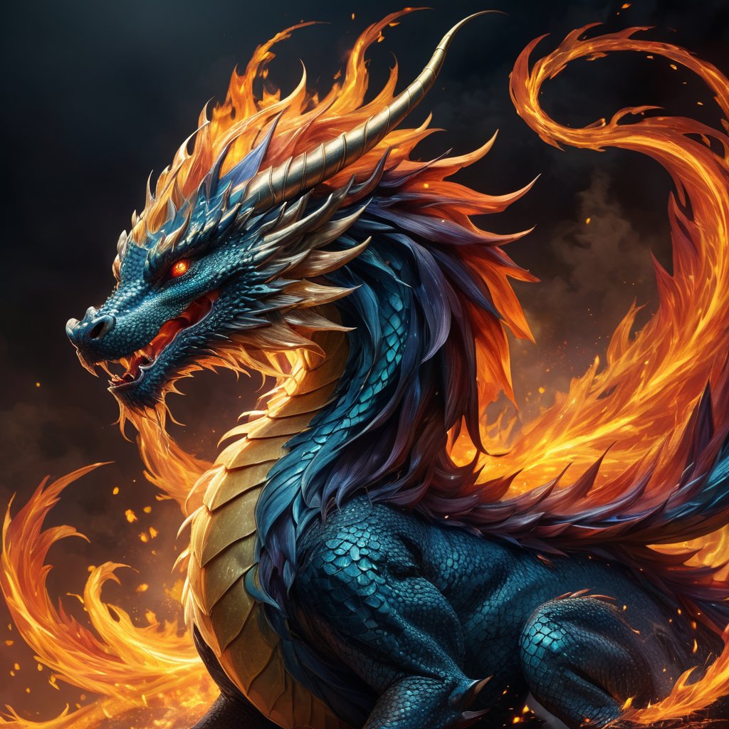 Generate hyper realistic image of a dragon with a magnificent, regal mane composed of shimmering, fiery tendrils that dance and flicker like living flames, reflecting the inner power and intensity that lies within, an unmistakable symbol of its affinity for fire.