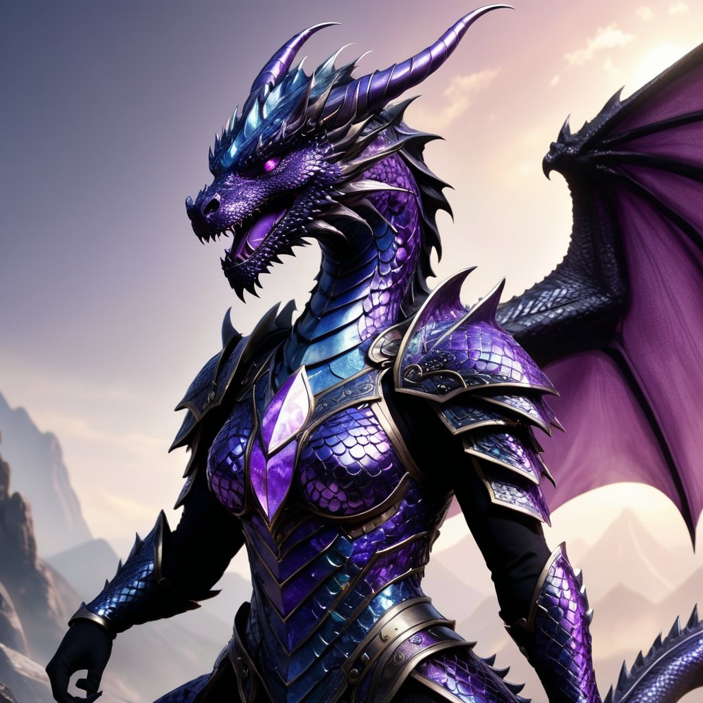 Generate hyper realistic image of a dragon female warrior with scales that shimmer like polished amethyst, reflecting the light and creating an aura of mystique and elegance, while also providing her with enhanced protection against enemy attacks.

