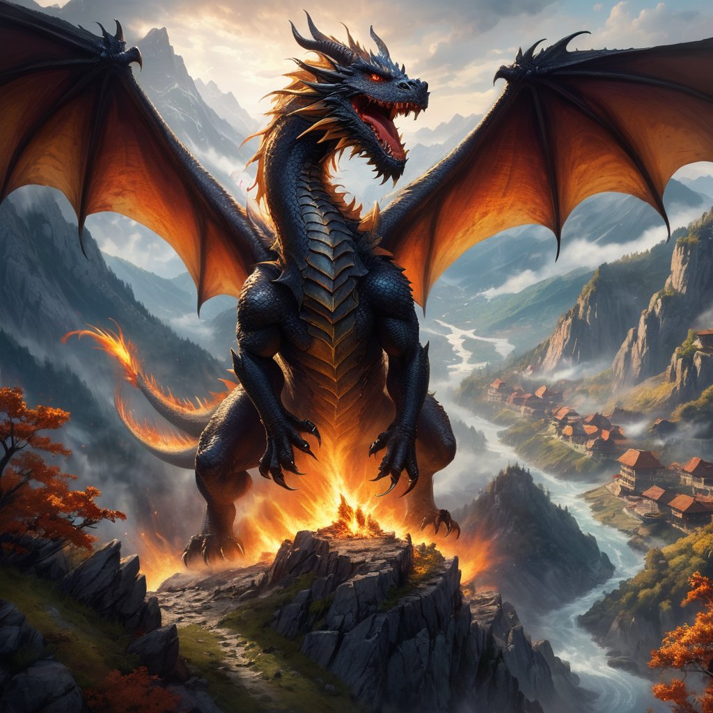 Generate hyper realistic image of a fearsome dragon perched atop a mountain peak, its mighty wings spread wide, as it unleashes a torrent of blazing fire upon a village nestled in the valley below.,DRG