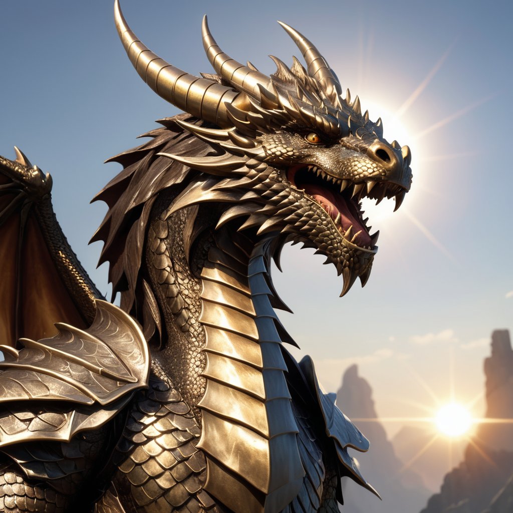 Generate hyper realistic image of a dragon male warrior with scales that gleam like burnished bronze, reflecting the sunlight and giving him an intimidating appearance, while also providing him with enhanced protection against enemy attacks.