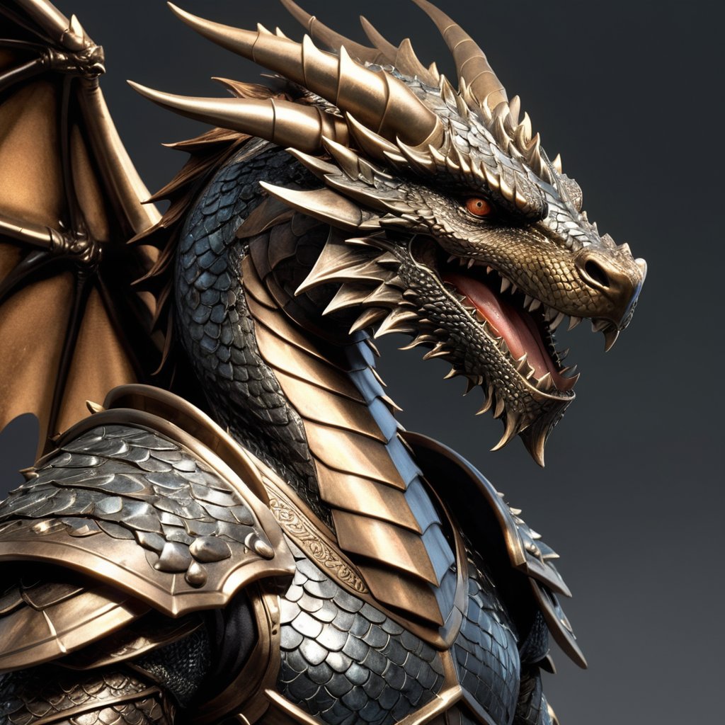 Generate hyper realistic image of a dragon male warrior with scales that gleam like burnished bronze, reflecting the sunlight and giving him an intimidating appearance, while also providing him with enhanced protection against enemy attacks.