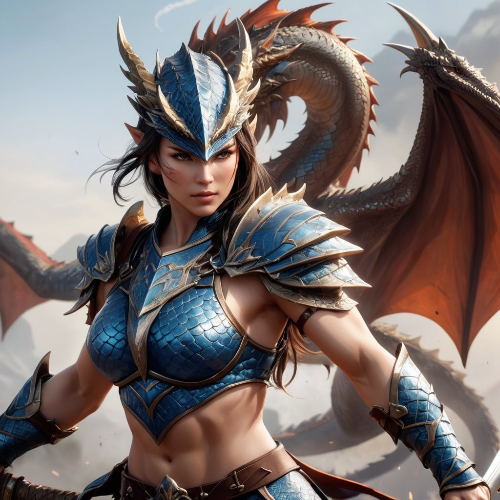 Generate hyper realistic image of a fierce dragon female warrior with a lithe and agile physique, her muscles rippling with strength and power, allowing her to move with unparalleled grace and precision on the battlefield.