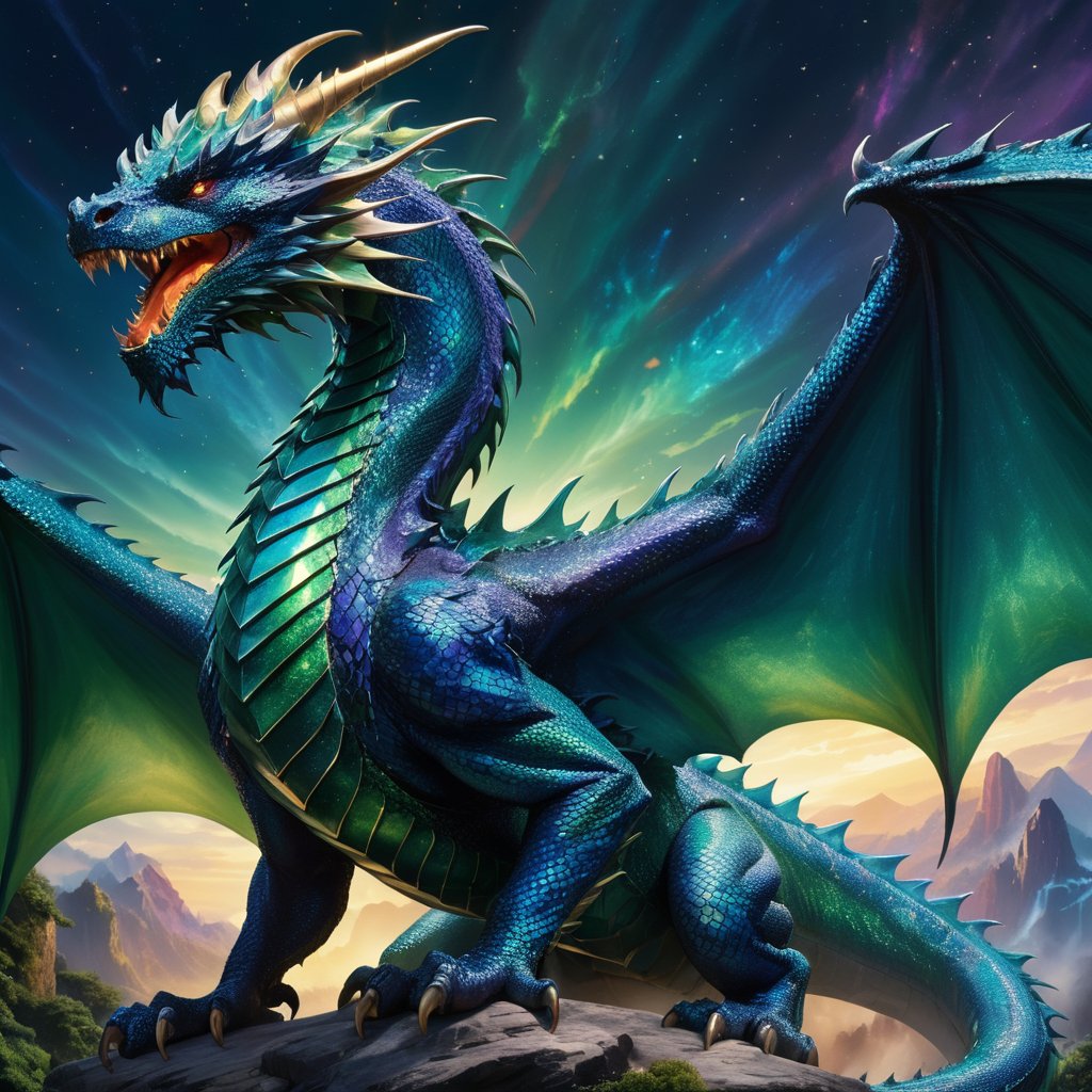 Generate hyper realistic image of a colossal dragon with iridescent, jewel-toned scales that shimmer and sparkle in a mesmerizing display of colors, from deep sapphire blues to vibrant emerald greens, creating a breathtaking visual spectacle that leaves all who witness it in awe.