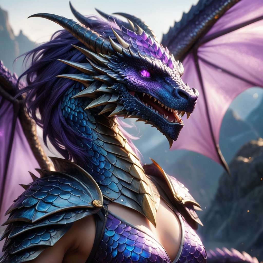 Generate hyper realistic image of a dragon female warrior with scales that shimmer like polished amethyst, reflecting the light and creating an aura of mystique and elegance, while also providing her with enhanced protection against enemy attacks.

