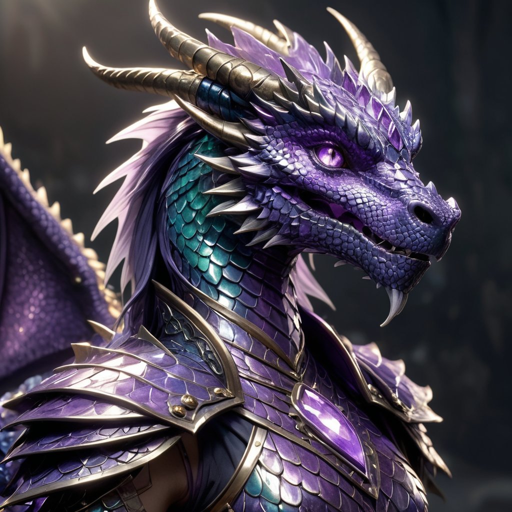 Generate hyper realistic image of a dragon female warrior with scales that shimmer like polished amethyst, reflecting the light and creating an aura of mystique and elegance, while also providing her with enhanced protection against enemy attacks.

