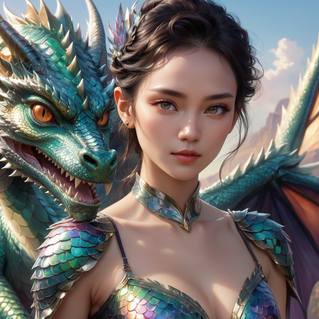 Generate hyper realistic image of a woman with dragon characteristics possessing smooth, scaly skin that shimmers like mother-of-pearl, reflecting an array of iridescent colors in the sunlight, giving them an otherworldly and captivating allure.DRG