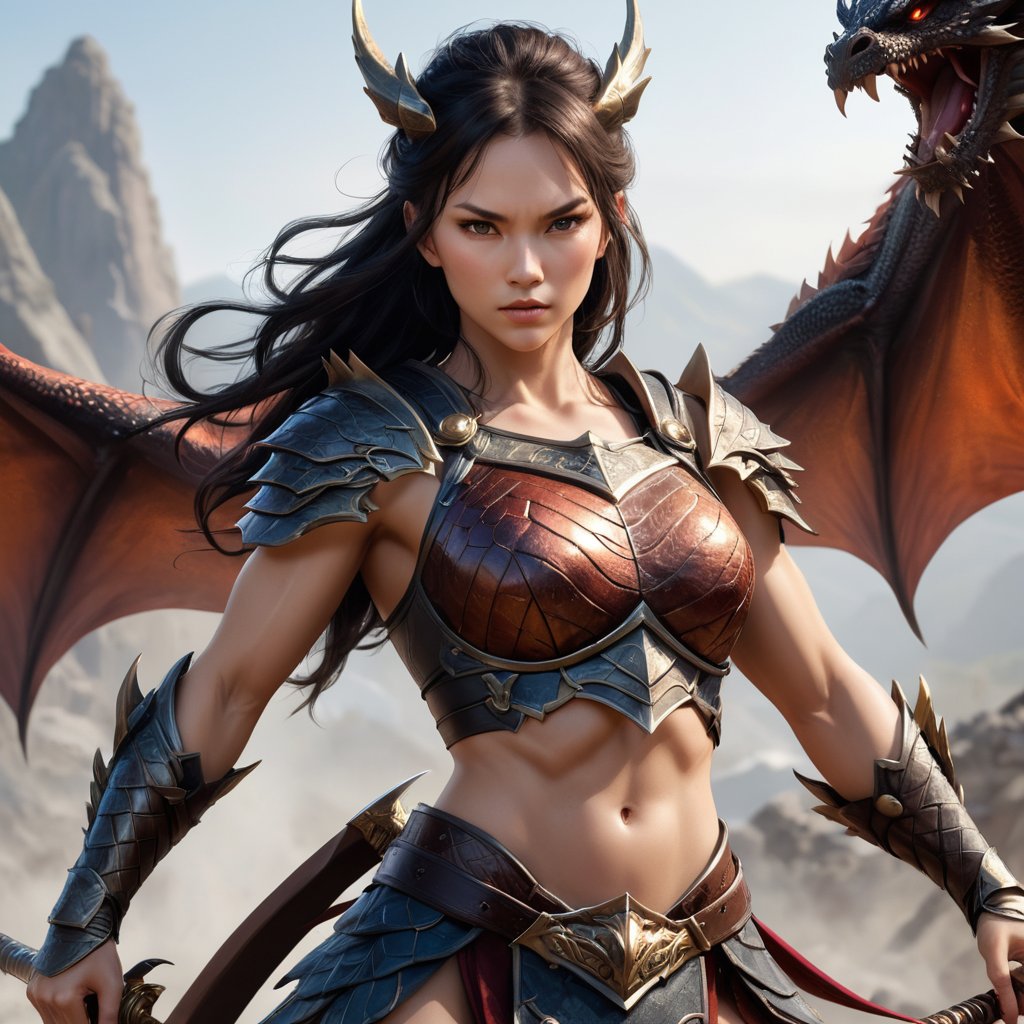 Generate hyper realistic image of a fierce dragon female warrior with a lithe and agile physique, her muscles rippling with strength and power, allowing her to move with unparalleled grace and precision on the battlefield.