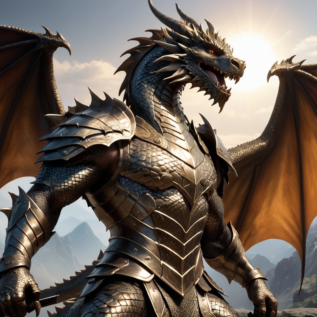 Generate hyper realistic image of a dragon male warrior with scales that gleam like burnished bronze, reflecting the sunlight and giving him an intimidating appearance, while also providing him with enhanced protection against enemy attacks.