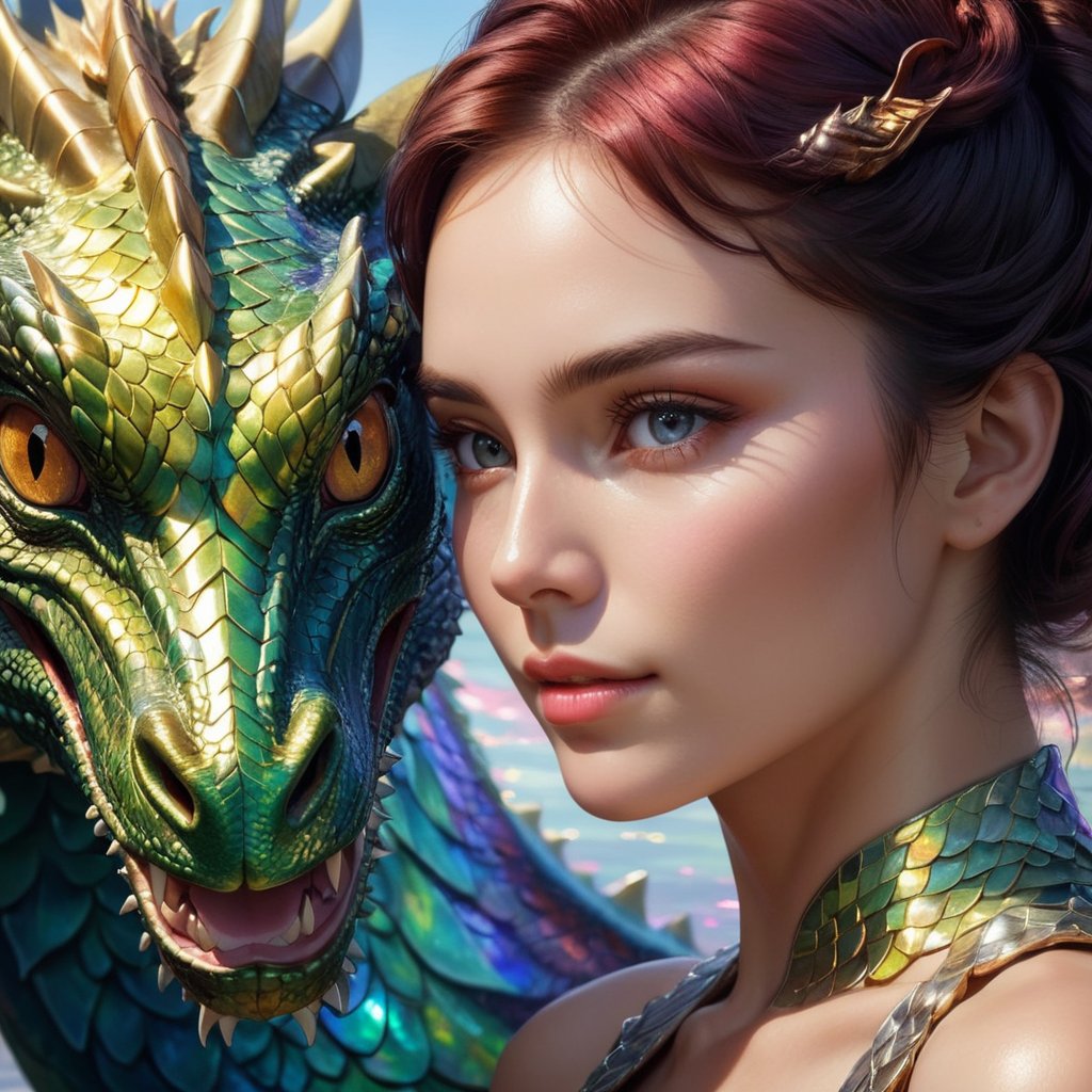 Generate hyper realistic image of a woman with dragon characteristics possessing smooth, scaly skin that shimmers like mother-of-pearl, reflecting an array of iridescent colors in the sunlight, giving them an otherworldly and captivating allure.DRG