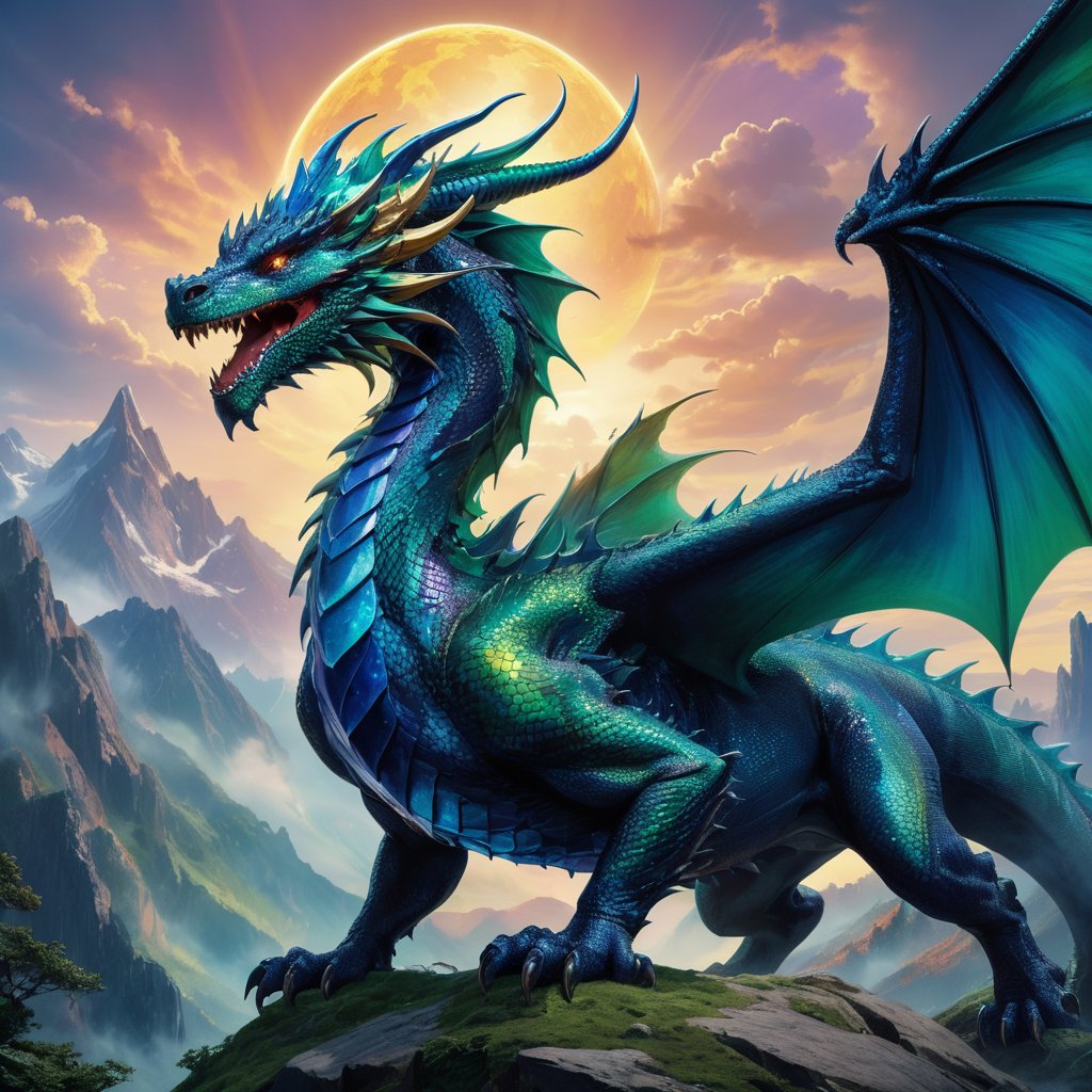 Generate hyper realistic image of a colossal dragon with iridescent, jewel-toned scales that shimmer and sparkle in a mesmerizing display of colors, from deep sapphire blues to vibrant emerald greens, creating a breathtaking visual spectacle that leaves all who witness it in awe.