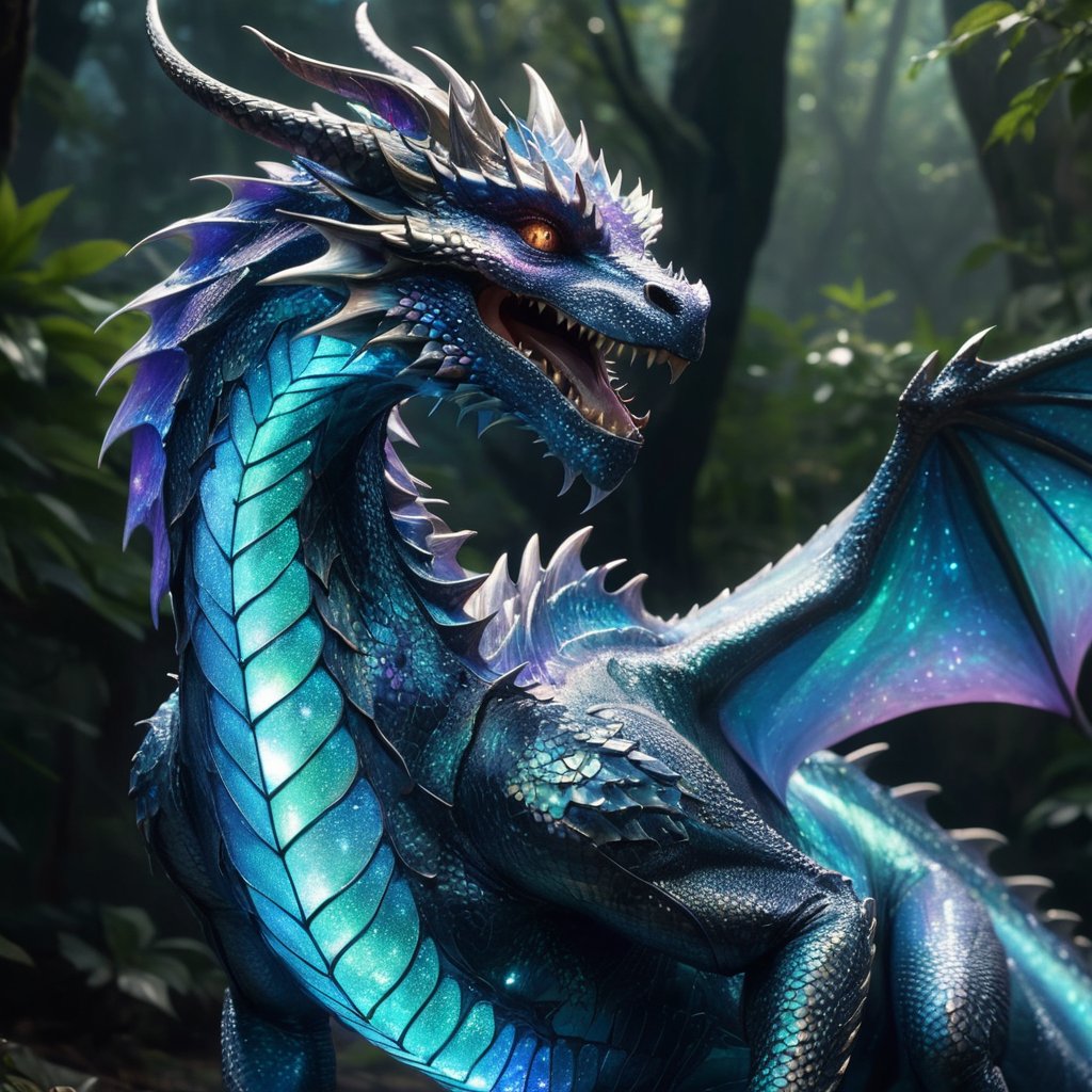 Generate hyper realistic image of a dragon transformed into a human with iridescent, shimmering skin that reflects light in mesmerizing patterns, giving them an ethereal and otherworldly appearance.