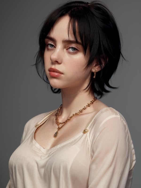gquality, <lora:billie-10:1> 1girl. solo. short hair. simple background. shirt. black hair. hair ornament. jewelry. upper body. earrings. hairclip. necklace. realistic