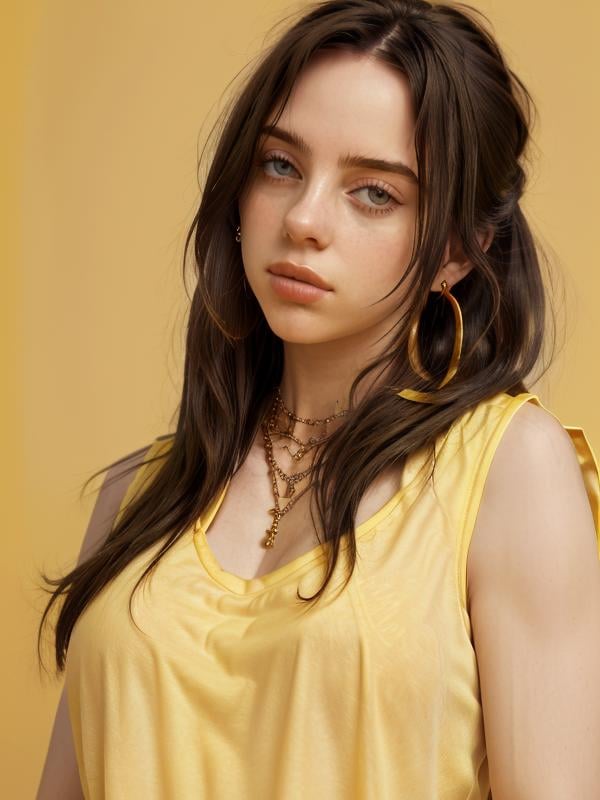 gquality, <lora:billie-10:1> 1girl. solo. long hair. looking at viewer. simple background. shirt. jewelry. upper body. earrings. sleeveless. necklace. yellow background. yellow shirt. realistic. yellow theme
