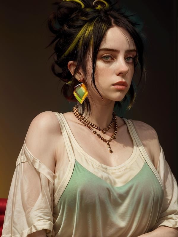 gquality, <lora:billie-10:1> 1girl. solo. simple background. black hair. jewelry. upper body. multicolored hair. earrings. green hair. necklace. hair bun. two-tone hair. double bun. realistic. red background