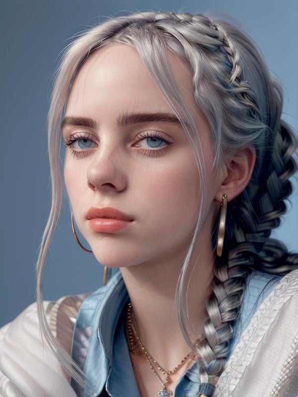 gquality, <lora:billie-10:1> 1girl. solo. looking at viewer. simple background. jewelry. braid. white hair. grey hair. earrings. necklace. blue background. portrait. hoop earrings. realistic