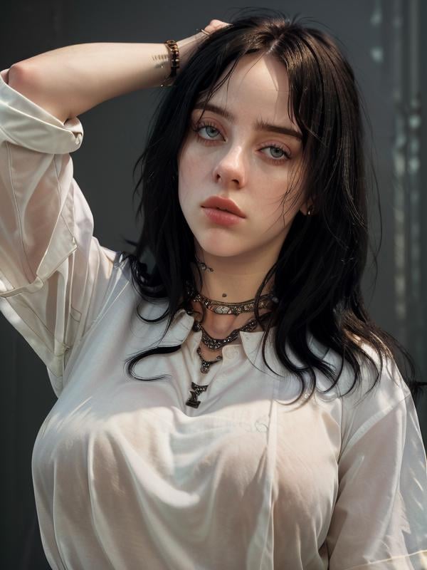 gquality, <lora:billie-10:1> 1girl. solo. looking at viewer. shirt. black hair. closed mouth. white shirt. upper body. blurry background. realistic. print shirt. necklace. choker