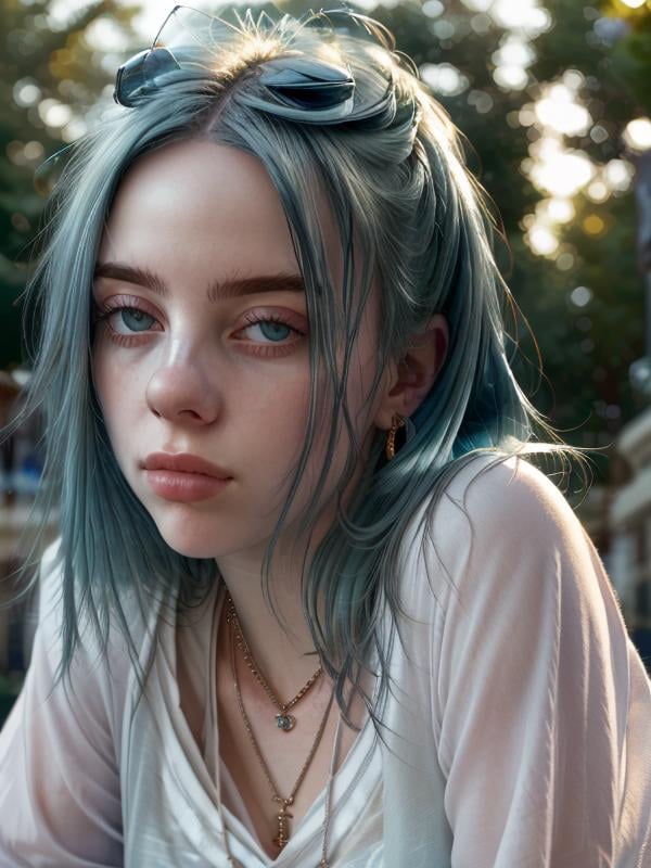 gquality, <lora:billie-10:1> 1girl. solo. looking at viewer. jewelry. closed mouth. blue hair. necklace. depth of field. blurry background. portrait. realistic. sunlight. outdoors. backlighting