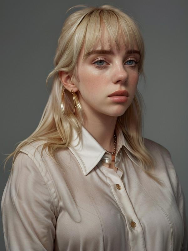 gquality, <lora:billie-10:1> 1girl, solo, bangs, blonde hair, simple background, shirt, jewelry, upper body, earrings, collared shirt, grey background, realistic, blunt bangs