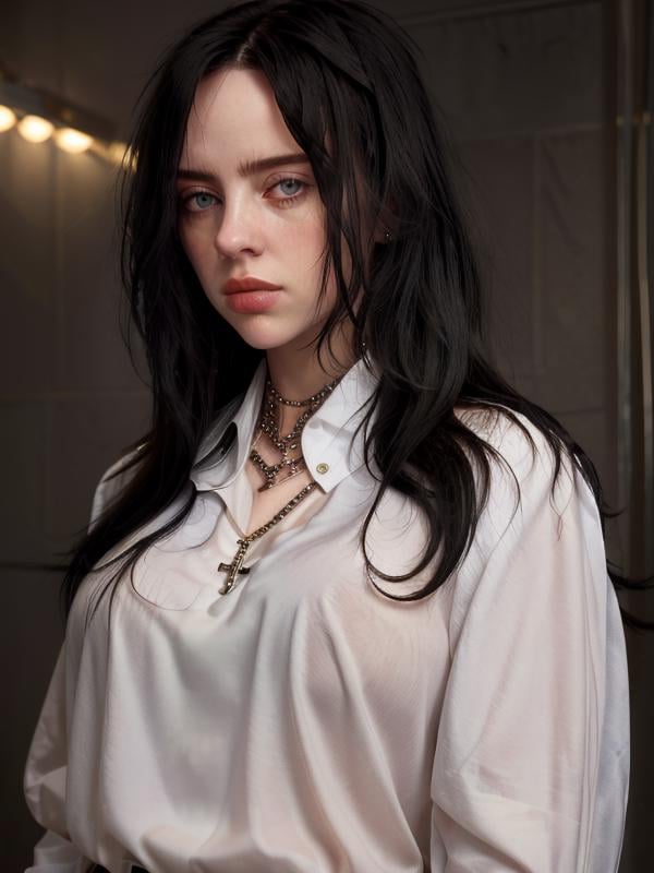 gquality, <lora:billie-10:1> 1girl. solo. long hair. looking at viewer. shirt. black hair. jewelry. closed mouth. white shirt. upper body. collared shirt. necklace. cross. realistic. cross necklace