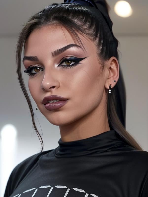 gquality,  <lora:martu:1> martu, 1girl, solo, looking at viewer, long hair, shirt, earrings, ponytail, portrait, makeup, realistic, teeth, lipstick, black shirt, blurry background, eyeshadow, eyeliner, mascara