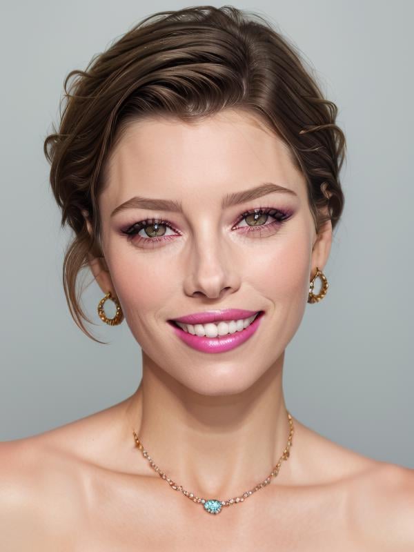 gquality, <lora:jessica-10:1> jessica, 1girl, solo, short hair, smile, jewelry, earrings, teeth, grin, portrait, realistic, makeup, lipstick, pink lips, eyeshadow, bare shoulders