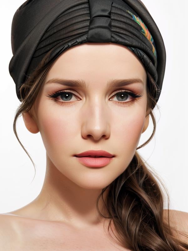 gquality, <lora:oreiro-10:1> oreiro, 1girl, solo, looking at viewer, simple background, white background, parted lips, eyelashes, portrait, close-up, realistic, bandana