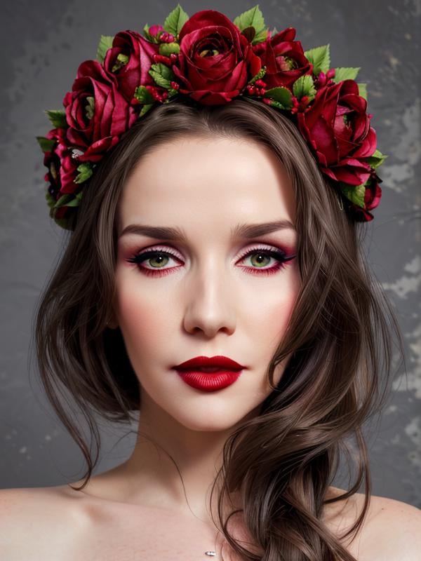 gquality, <lora:oreiro-10:1> oreiro, 1girl, solo, looking at viewer, hair ornament, flower, hair flower, grey background, makeup, rose, lipstick, portrait, realistic, red lips, head wreath, eyeshadow