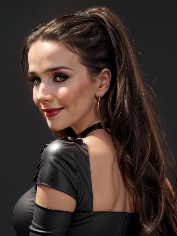 gquality, <lora:oreiro-10:1> oreiro, 1girl, solo, looking at viewer, smile, jewelry, earrings, choker, black background, looking back, from behind, portrait, realistic, makeup, eyeshadow