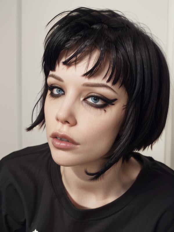 gquality, <lora:alice-10:1> eyeliner, upper body, black hair, looking to the side, sad, black t-shirt