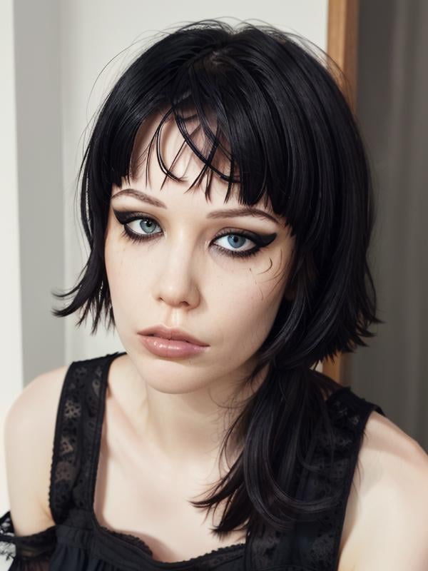 gquality, <lora:alice-10:1> eyeliner, upper body, black hair, looking to the side, sad