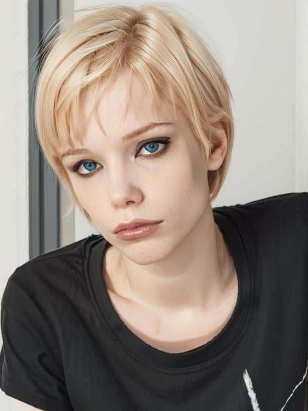 gquality, <lora:alice-10:1> 1girl, blonde hair, short hair, black t-shirt