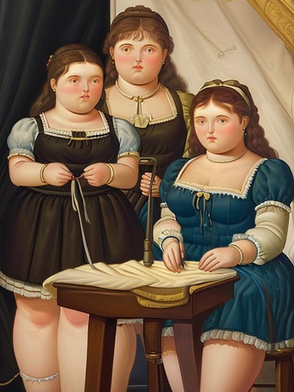 gquality, botero, <lora:botero-10:1> multiple girls, sewing