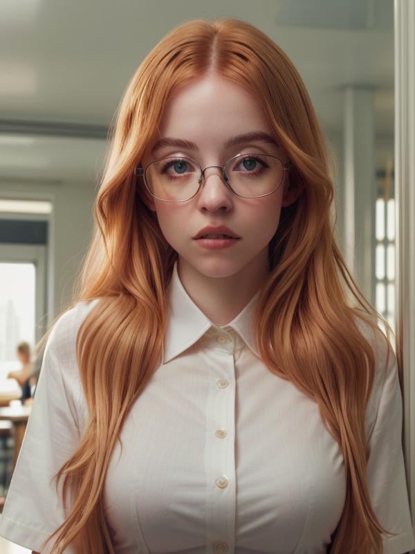 gquality, <lora:sydney-10:1> sydney, 1girl, orange hair, solo, looking at viewer, glasses, collared shirt, schoolgirl, white shirt