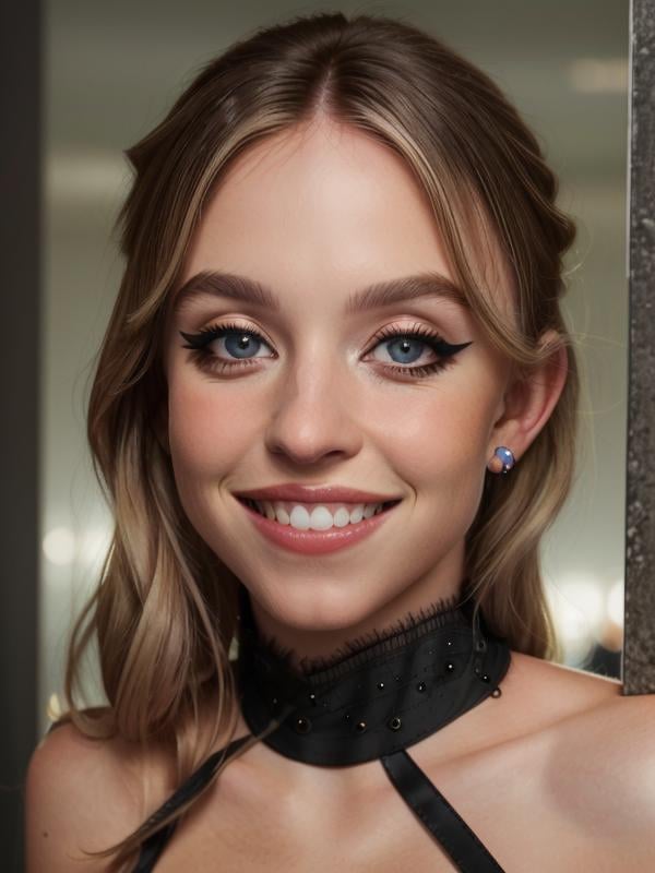 gquality, <lora:sydney-10:1> sydney, 1girl, solo, looking at viewer, portrait, smile, teeth, realistic, grin, makeup, eyeliner, bare shoulders