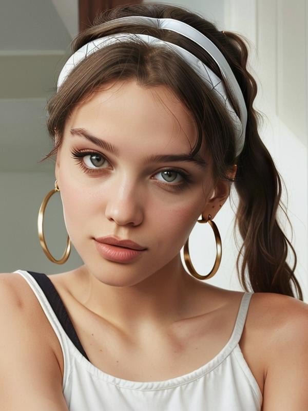 gquality, <lora:malena-10:1> malena, 1girl, solo, shirt, looking to the side, earrings, bare shoulders, upper body, portrait, ponytail, realistic, hairband, sleeveless, hoop earrings, white hairband, eyeliner