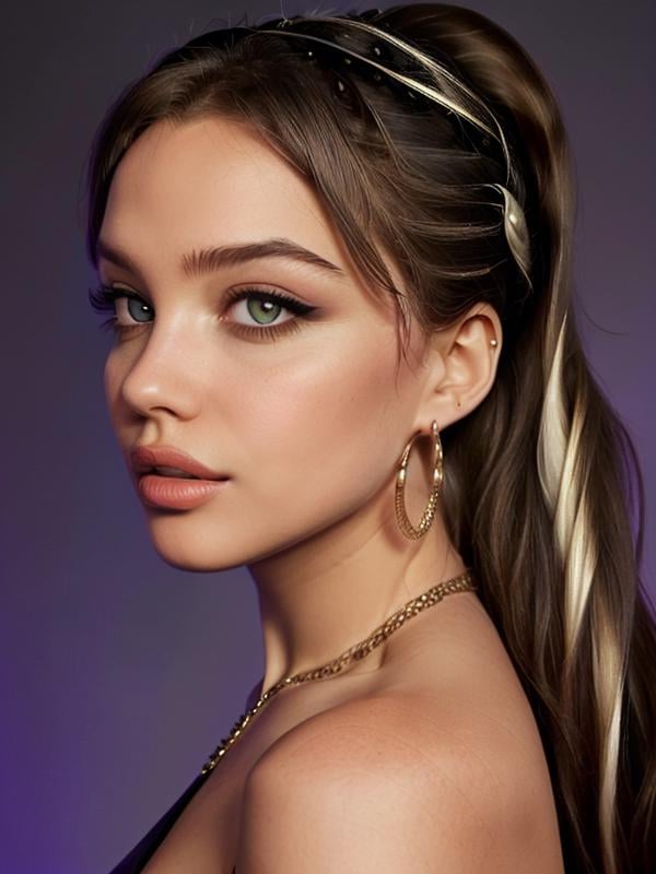 gquality, <lora:malena-10:1> malena, 1girl, solo, looking at viewer, dress, jewelry, two-tone hair, brown hair, blonde hair, earrings, parted lips, black dress, from side, side slit, purple background, realistic, eyewear on head, hoop earrings, eyeliner, ponytail, bare shoulders